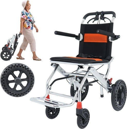Portable Folding Wheelchair, Travel Wheelchair with handbrake, Ultra-Light Wheelchair for The Elderly and Children (with Bag) (12 inch PU Rear Wheel) - Lot 7471