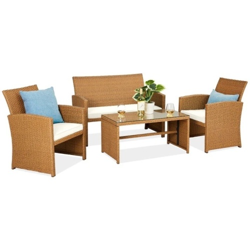 4-Piece Outdoor Wicker Conversation Patio Set w/ 4 Seats, Glass Table Top - Lot 7496
