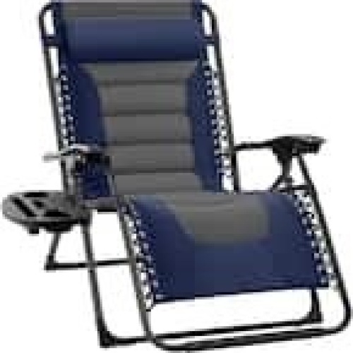 Oversized Padded Zero Gravity Navy/Gray Metal Reclining Outdoor Lawn Chair w/Side Tray  - Lot 7592anm