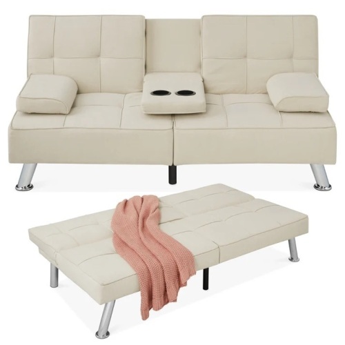 Linen Upholstered Convertible Sofa Bed Futon w/ 2 Cupholders - Lot 7717