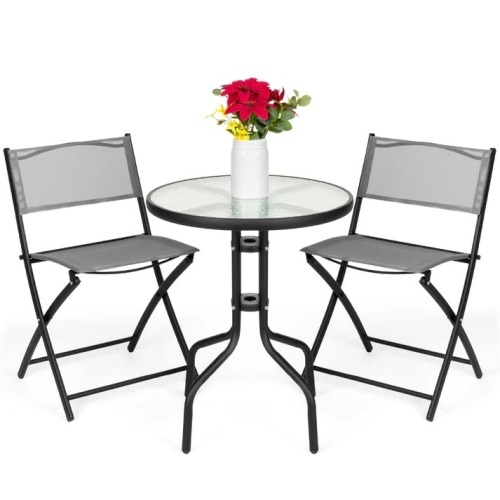 3-Piece Bistro Set w/ Glass Table, 2 Foldable Chairs - Lot 7788