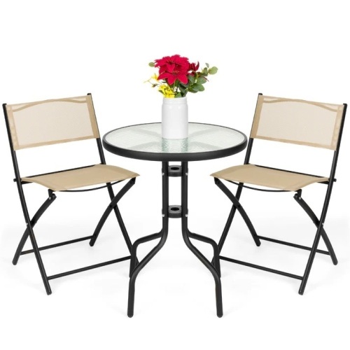 3-Piece Bistro Set w/ Glass Table, 2 Foldable Chairs - Lot 7789