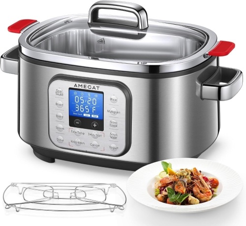 10-in-1 Programmable Slow Cooker 6 Quart with Stainless Steel Pot, Glass Lid, Steaming Rack, and LED Display - Lot 7819