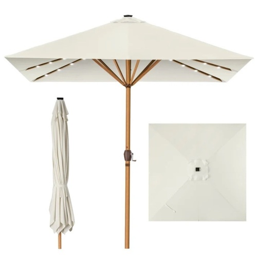Square Solar LED Lighted Patio Umbrella w/ Faux Wood Texture - 9ft - Lot 7903