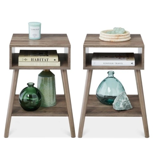 Set of 2 Mid-Century Modern End Tables w/ Cubby, Shelf - Lot 7917