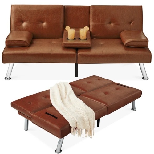 Faux Leather Upholstered Convertible Sofa Bed Futon w/ 2 Cupholders - Lot 7929