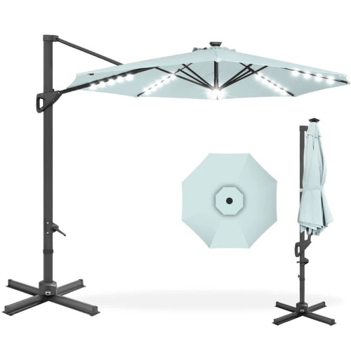 360-Degree Solar LED Cantilever Offset Patio Umbrella w/ Tilt - 10ft - Lot 7982