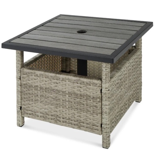 Outdoor Wicker Patio Side Table Accent Furniture w/ Umbrella Hole - Lot 8050