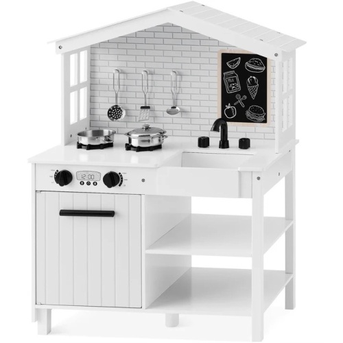 Kids Farmhouse Play Kitchen w/ Chalkboard, Storage Shelves, 5 Accessories - Lot 8054