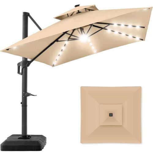 2-Tier Square LED Cantilever Offset Umbrella w/ 360 Rotation, Base - 10x10ft - Lot 19