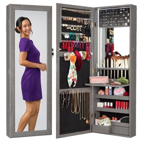 Door/Wall Mount Mirror Jewelry Cabinet Armoire w/ Inside Mirror, LED Lights - Lot 730