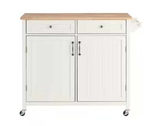 StyleWell Bainport Ivory with Butcher Block Top Wooden Rolling Kitchen Cart and Double-Drawer Storage, 44" W - Lot 20