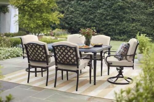 Hampton Bay 6-Pack Laurel Oaks Brown Steel Outdoor Dining Chairs with CushionGuard Putty Tan Cushions  - Lot 23