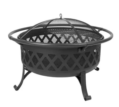 Pleasant Hearth Traverse 35 in. x 24.21 in. Round Steel Wood Burning Black Fire Pit  - Lot 737