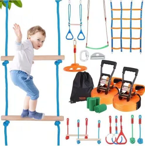 VEVOR Ninja Warrior Obstacle Course 2 x 50 ft. Weatherproof Slacklines Multi-Colored Playset Equipment with 12 Obstacles  - Lot 67
