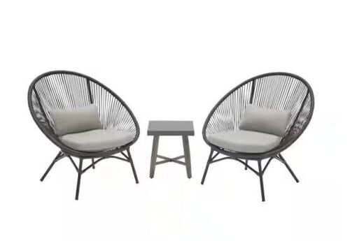 StyleWell Dark Gray 3-Piece Steel Papasan Rope Outdoor Patio Conversation Seating Set with Gray Cushion - Lot 25