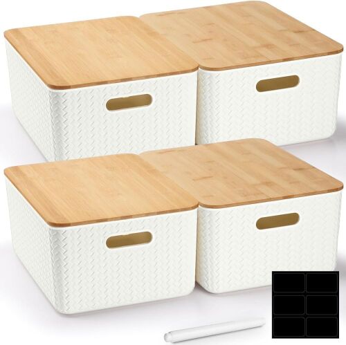 Soaoo 4 Pcs Plastic Storage Bins with Bamboo Lids, 14" x 10" x 6.7"  - Lot 315