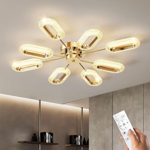  Modern Gold Acrylic Dimmable LED Ceiling Light with 8 Lights, Remote Control, 3000k-6500k Semi Flush Mount  - Lot 191