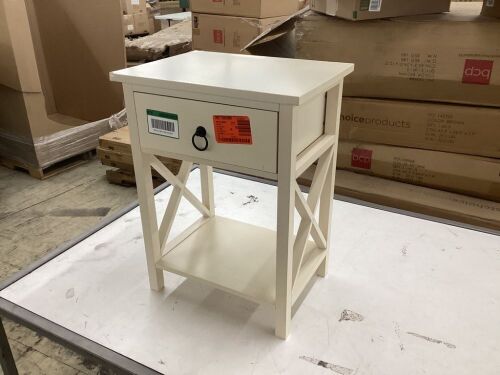 12 in. Cream Rectangle Wood End Table with Drawer and Shelf - Corner Damaged - Lot 641