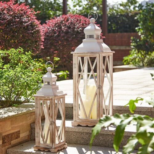 Glitzhome Farmhouse Wood Metal Candle Lanterns, Set of 2  - Lot 249