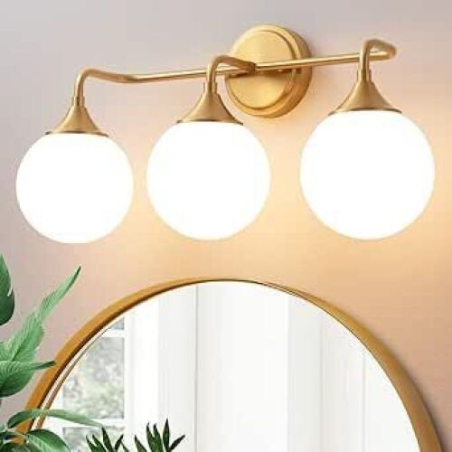  Gold Mid Century Brushed Brass Wall Sconce 3-Light with Milky White Glass Ball Shades  - Lot 248