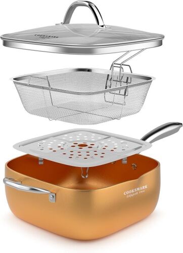 All in One Copper Pan, 9.5-Inch Nonstick Deep Square Induction Frying Pan with Glass Lid - Lot 153