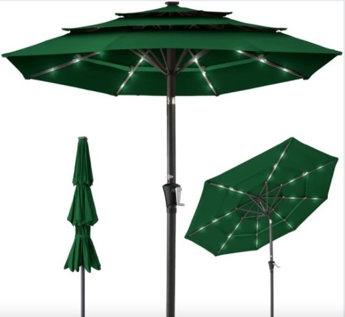 3-Tier Solar Patio Umbrella w/ LED Lights, Tilt Adjustment, Crank - 10ft - Lot 452
