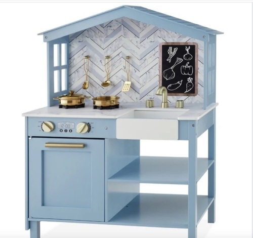 Kids Farmhouse Play Kitchen w/ Chalkboard, Storage Shelves, 5 Accessories - Lot 494
