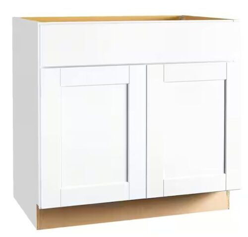 Hampton Bay Shaker 36 in. W x 24 in. D x 34.5 in. H Assembled Base Kitchen Cabinet in Satin White with Ball-Bearing Drawer Glides - Lot 64