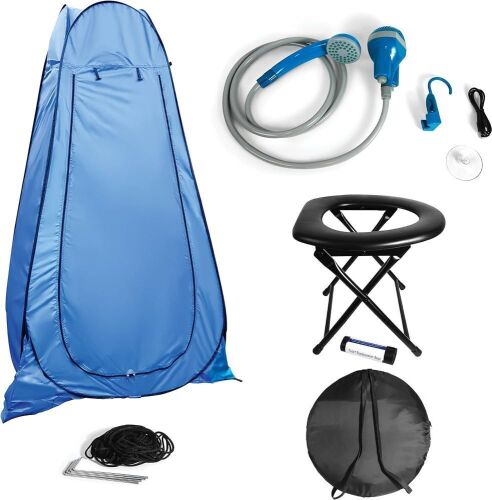  Portable Camping Set, Pop Up Privacy Tent, Outdoor Shower Head, Portable Toilet & Bathroom Replacement Bags - Lot 324