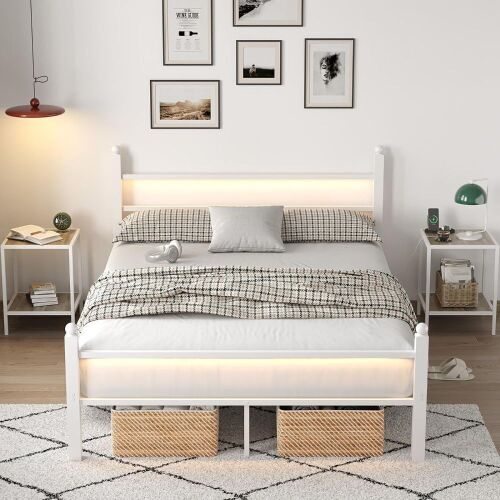  Full Size Bed Frame with Headboard and Footboard, Heavy Duty Steel Slats Support, Charging Station  - Lot 339