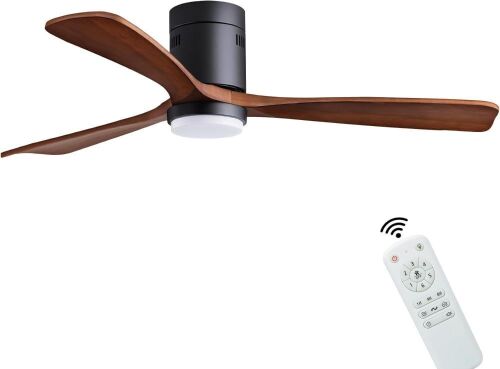  56in Modern Electric Fan with Lights, 3 Blades, DC Motor, Remote Control, Black + Walnut - Lot 433