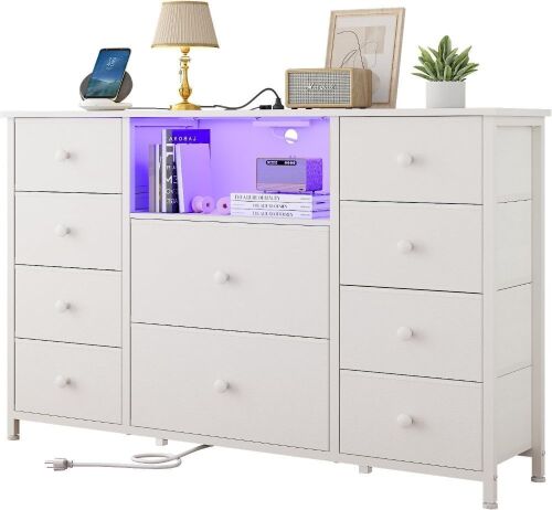 LDTTCUK Dresser with Charging Station and LED Lights, 10 Fabric Drawers  - Lot 154