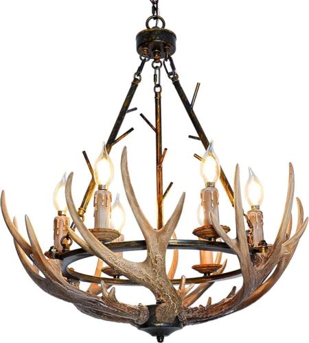  Rustic Farmhouse Chandelier with Resin Antlers and Retro Metal Wagon Wheel, 6 Lights  - Lot 99