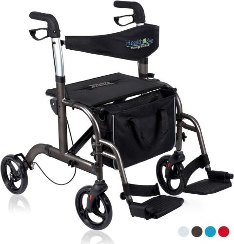  Health Line 2 in 1 Rollator Walker & Transport Chair with Detachable Footrests and Reversible Backrest, Titanium  - Lot 248