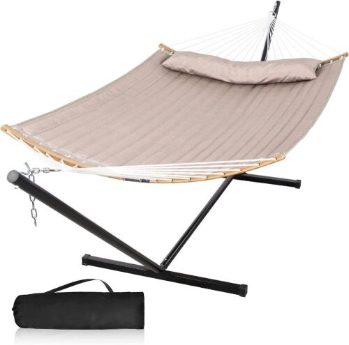  Mansion Home Hammock with Stand, Pillow and Portable Carrying Bag, Heavy Duty 450lbs Capacity, Tan  - Lot 361
