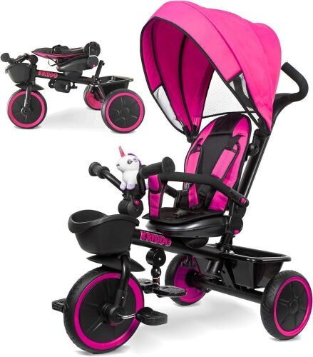  KRIDDO 7-in-1 Tricycle Stroller for Toddlers 18 Months to 5 Years, Adjustable Push Handle, Rotatable Seat, Cup Holder and Retractable Canopy - Lot 549
