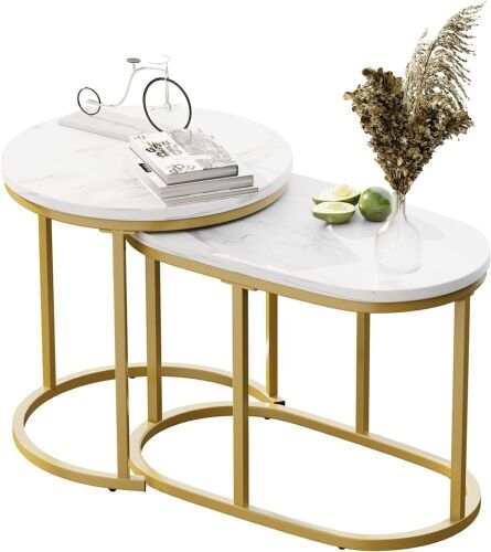  Modern White Marble Nesting Coffee Table, Gold Metal Frame, Set of 2  - Lot 741