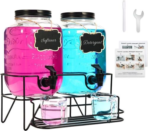 Roetell 1 Gallon Glass Laundry Detergent Dispenser with Stand, Measuring Cup, Set of 2  - Lot 518