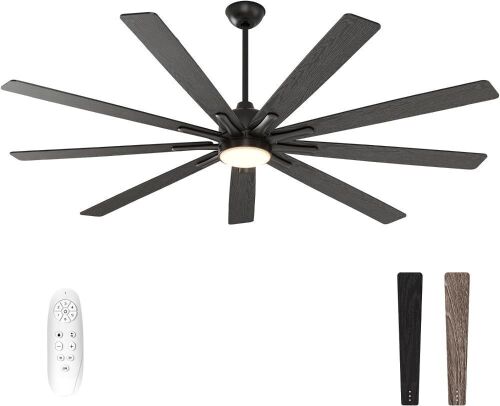 Warmiplanet 72" Ceiling Fan with Light, Double Sided Blades, Black/Wood  - Lot 83