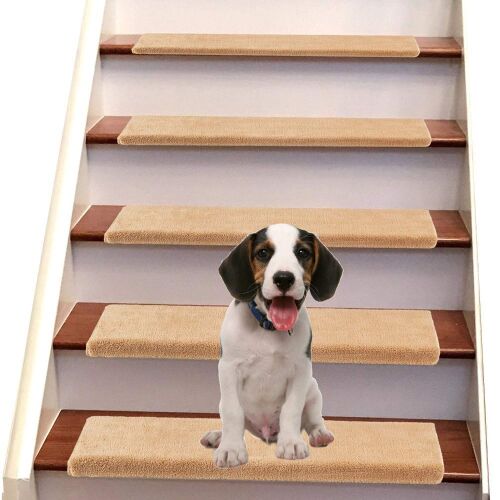 Bullnose Soft Non Slip Self Adhesive Carpet Stair Treads, 9.5" x 30" x 1.2", Khaki, Set of 14  - Lot 387