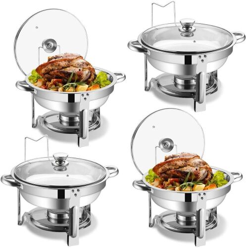  Stainless Steel Round Chafing Dish with Glass Lid and Built-in Lid Holder, 5QT, 4 Pack  - Lot 589