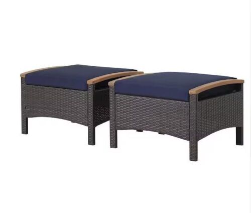 Honey Joy 2-Piece Wicker Outdoor Ottoman with Blue Cushions and Curved Acacia Wood Handles  - Lot 273