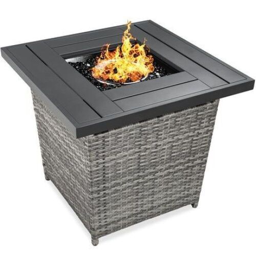 28in Fire Pit Table 50,000 BTU Wicker Propane w/ Faux Wood Tabletop, Cover - Lot 46
