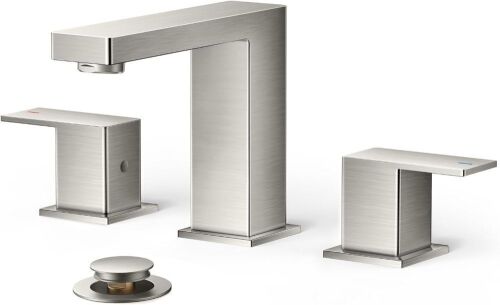FORIOUS Brushed Nickel 2 Handle Square 8 inch Widespread Bathroom Faucet with Metal Pop Up Drain - Lot 296