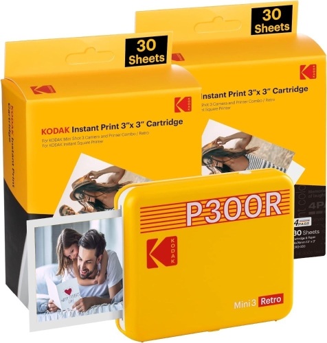 KODAK Mini 3 Retro 4PASS Portable Photo Printer (3x3 inches) Initial 8 Sheets + 60 Sheets Bundle, Yellow - Lot 8103