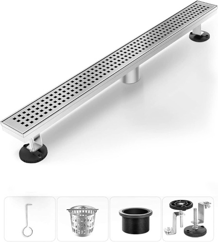 Shower Drain, Linear Shower Drain 24 Inch(Brushed Nickel),Modern 304 Stainless Steel Shower Floor Drain with Grate Removable, Adjustable Leveling Feet, Rectangular Shower Drain - Lot 8188
