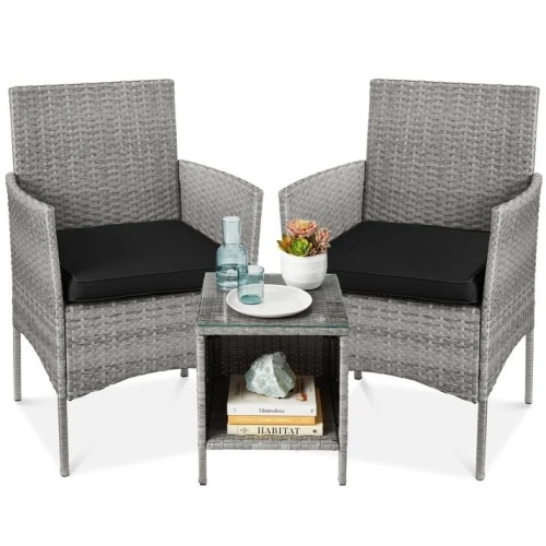 3-Piece Outdoor Patio Wicker Bistro Set w/ Side Storage Table - Lot 8262