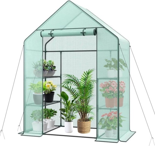 3 Tier 6 Shelves Mini Walk-in Greenhouse, 55.9 x 28.3 x 75.59 inch, Durable PE Cover Green House Kit with Anchors and Ropes, Outdoor Plant Gardening Hot House for Growing Vegetables, Flowers - Lot 8290