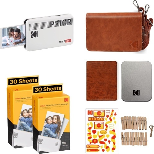 KODAK Mini 2 Retro 4PASS Portable Photo Printer (2.1x3.4 inches) Initial 8 Sheets + 60 Sheets + Gift Bundle, White - Lot 8600